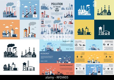 Digital vector blue factory pollution icons with drawn simple line art info graphic, presentation with plant, smoke, environment and energy elements a Stock Vector