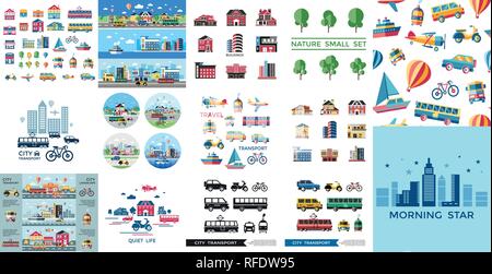 Digital vector blue red yellow city transport icons set with drawn simple line art info graphic, presentation with car, tram and taxi elements around  Stock Vector