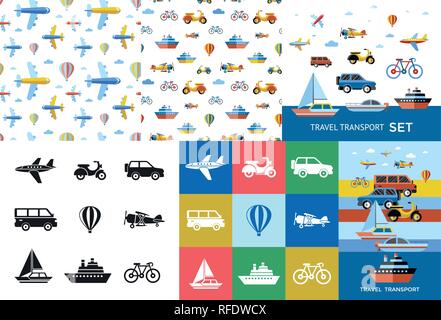 Digital vector blue red travel transport icons set with drawn simple line art info graphic, seamless pattern, presentation with boat, plane and vehicl Stock Vector