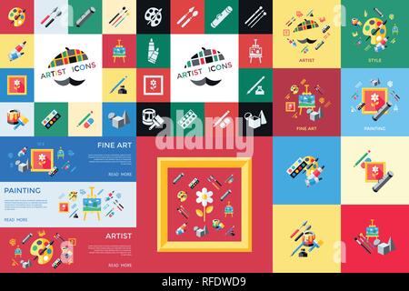 Digital vector blue red artist icons set with drawn simple line art info graphic, presentation with paint, canvas, brush and art tools elements around Stock Vector