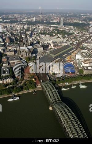 DEU, Germany, Cologne : Areal View of the city center. Cathedral. Main railway station. River Rhine. | Stock Photo