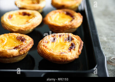 Portugal egg tarts Pastel de Nata on oven tray Stock Photo