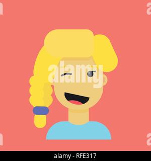 Blonde beautiful winking cartoon girl in modern flat style. Stock Vector