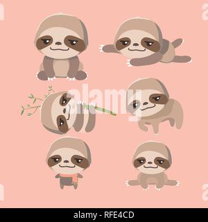 Cute cartoon smiling lazy sloth set. Stock Vector