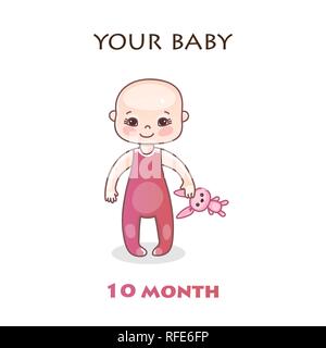 Monthly infant development. Stages of child development in the first year of life. The ninth month of a child's life. Colorful vector Illustration isolated on white background Stock Vector