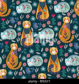 Seamless pattern with cute cats and birds, flowers and leaves on dark background, vector illustration Stock Vector