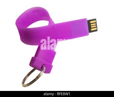 Usb Flash Drive in the form of a flexible silicone band keychain with a key ring. Stock Photo