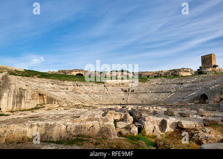 The Greek theatre of Syracuse Sicily Italy lies on the south slopes of the Temenite hill, overlooking the modern city of Syracuse in southeastern Sici Stock Photo