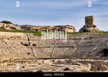 The Greek theatre of Syracuse Sicily Italy lies on the south slopes of the Temenite hill, overlooking the modern city of Syracuse in southeastern Sici Stock Photo