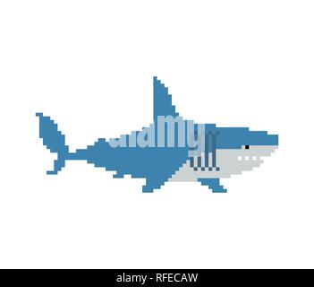 Shark pixel art. Marine predator 8 bit. graphics old game Stock Vector