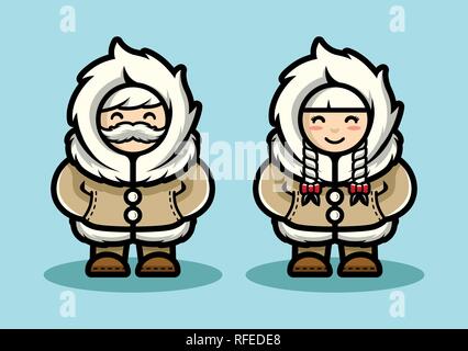 Old Eskimo Cute Couple Illustration in Cartoon Style. Arctic people living in north pole flat design. Stock Vector