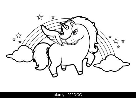 Cute Little Magical Unicorn, Rainbow and Stars, Coloring Book Illustration for Children - Vector Stock Vector