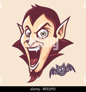 Cute Dracula Head and Bat Illustration Vector in Cartoon Style Stock Vector