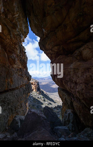 Wolfberg Mountain in the Cederberg Wilderness Area is home to a  hiking or backpacking trail leading through Wolfberg Cracks to famous Wolfberg Arch. Stock Photo
