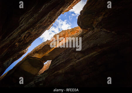 Wolfberg Mountain in the Cederberg Wilderness Area is home to a  hiking or backpacking trail leading through Wolfberg Cracks to famous Wolfberg Arch. Stock Photo