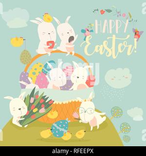 Cute Easter bunnies and easter egg. Happy holidays Stock Vector