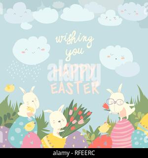 Cute Easter bunnies and easter egg. Happy holidays Stock Vector