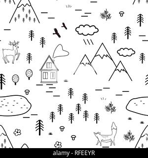 Hand drawn scandinavian landscape with animals, trees, lake, and mountains, seamless pattern. Scandinavian style traditional motifs. Vector. Stock Vector