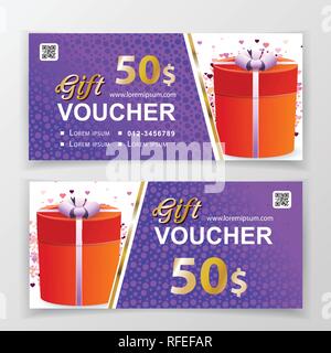 Vector red gift voucher template for department stores, business. LIlac bright vector design on white red background. 50 dollars. Stock Vector