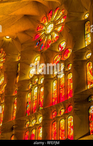 Light flooded inside of the church Sagrada Familia, Antoni Gaudis most famous work, still under construction and planned to be completed in 2026 Stock Photo