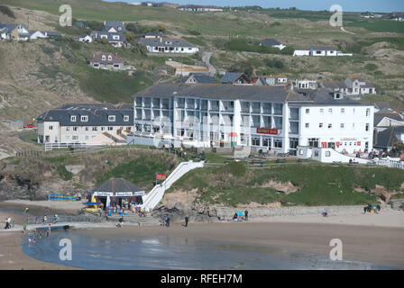 Hotel on Perranporth Beach, Cornwall, England, UK Stock Photo