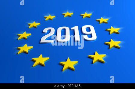 Year 2019 date number inside yellow stars of Europe Flag. European elections. 3D illustration. Stock Photo