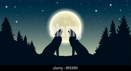 two wolves howl at the full moon in forest landscape vector illustration EPS10 Stock Vector