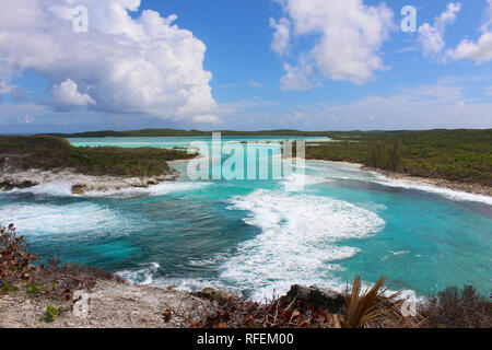 View from Columbus Monument, Long Island, Bahamas. The monument to Christopher Columbus is located at the far north of the island Stock Photo