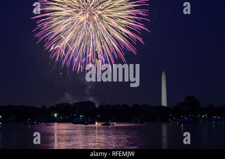 Fourth of July fireworks on the National Park tidal basin, with the Washington Monument in Washington, District of Columbia Stock Photo