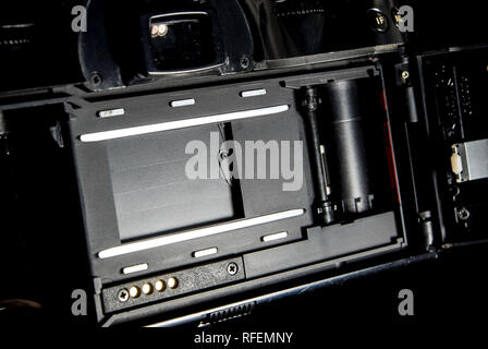 Back view of film system SLR camera body opened back lid to film position, Inside view of the shutter Stock Photo