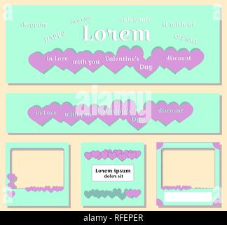set Template with pink hearts. Vector Illustration for media post, print, flyer. decoration magazine, booklet, cover, poster design, web. Mint and Stock Vector