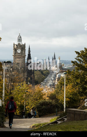 View onto Princes Street, Scott Monument and Parish Church as captured from Old Observatory House in Edinburgh (Scotland, United Kingdom, Europe) Stock Photo