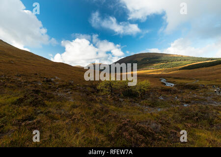 Panorama view of the Fairy Pools on Isle of Skye during a cloud-covered autumn day (Isle of Skye, Scotland, United Kingdom, Europe) Stock Photo