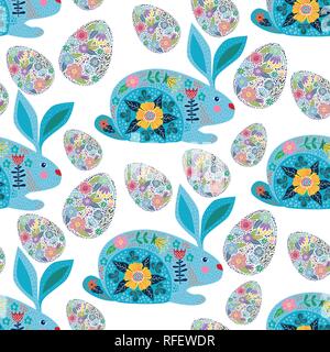 Happy Easter seamless pattern. Cartoon cute folk rabbit with decorative eggs on a white background. Vector illustration Stock Vector