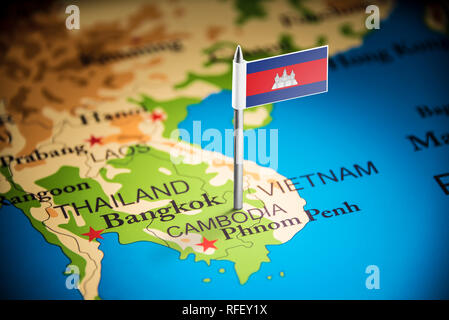 Cambodia marked with a flag on the map Stock Photo