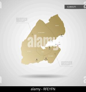 Stylized vector Djibouti map.  Infographic 3d gold map illustration with cities, borders, capital, administrative divisions and pointer marks, shadow; Stock Vector