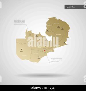 Stylized vector Zambia map.  Infographic 3d gold map illustration with cities, borders, capital, administrative divisions and pointer marks, shadow; g Stock Vector