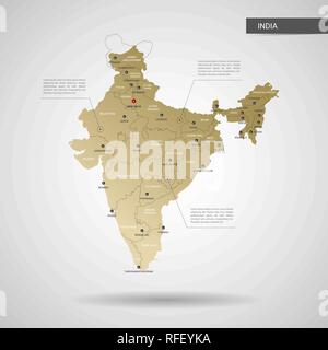 Stylized vector India map.  Infographic 3d gold map illustration with cities, borders, capital, administrative divisions and pointer marks, shadow; gr Stock Vector