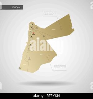 Stylized vector Jordan map.  Infographic 3d gold map illustration with cities, borders, capital, administrative divisions and pointer marks, shadow; g Stock Vector