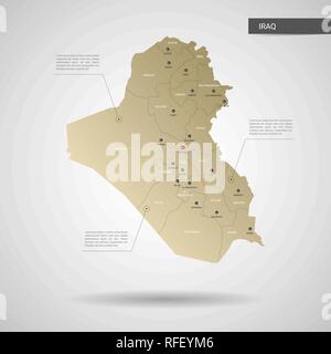 Stylized vector Iraq map.  Infographic 3d gold map illustration with cities, borders, capital, administrative divisions and pointer marks, shadow; gra Stock Vector