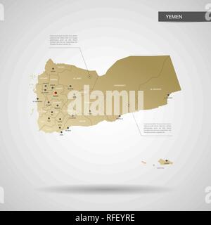 Stylized vector Yemen map.  Infographic 3d gold map illustration with cities, borders, capital, administrative divisions and pointer marks, shadow; gr Stock Vector