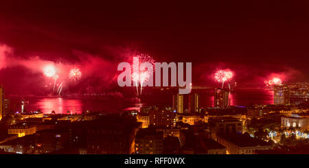 New Year fireworks in the bay at Valparaiso, Chile. Stock Photo