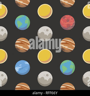 Seamless space pattern with different colorful cartoon style planets including earth, mars, jupiter and the sun on dark black background Stock Photo