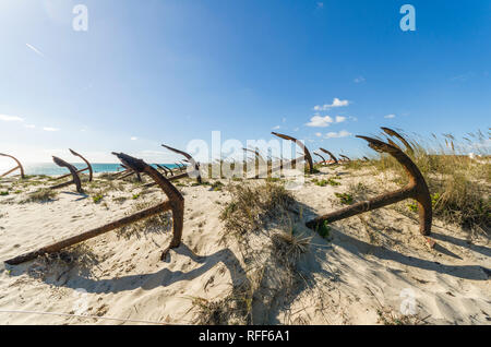 Tavira Portugal. Anchor Graveyard from former tuna fishing at Praia do Barril beach, Tavira, Algarve, Portugal. Stock Photo