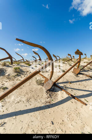 Tavira Portugal. Anchor Graveyard from former tuna fishing at Praia do Barril beach, Tavira, Algarve, Portugal. Stock Photo