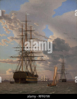 The Russian Ship of the Line 'Asow' and a Frigate at Anchor in the Roads of Elsinore. Date/Period: 1828. Painting. Oil on canvas. Height: 630 mm (24.80 in); Width: 510 mm (20.07 in). Author: Christoffer Wilhelm Eckersberg. Eckersberg, Christoffer-Wilhelm. Stock Photo