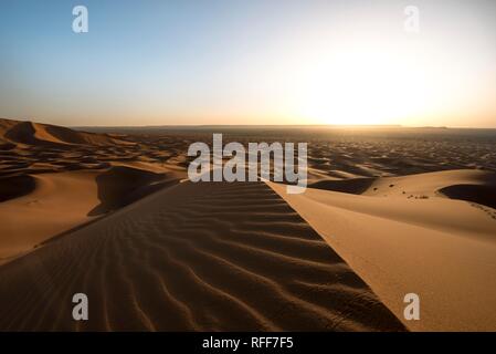 Sand dunes in the desert, wave patterns in the sand, dune landscape Erg Chebbi, Merzouga, Sahara, Morocco Stock Photo