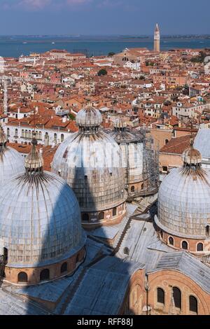St Mark's Basilica with Romanesque domes and ornate Gothic and Byzantine architectural details plus old Renaissance Stock Photo