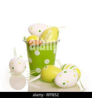 Easter Eggs in  tin bucket isolated on white Stock Photo