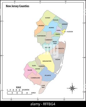 new jersey state outline administrative and political vector map in color Stock Vector